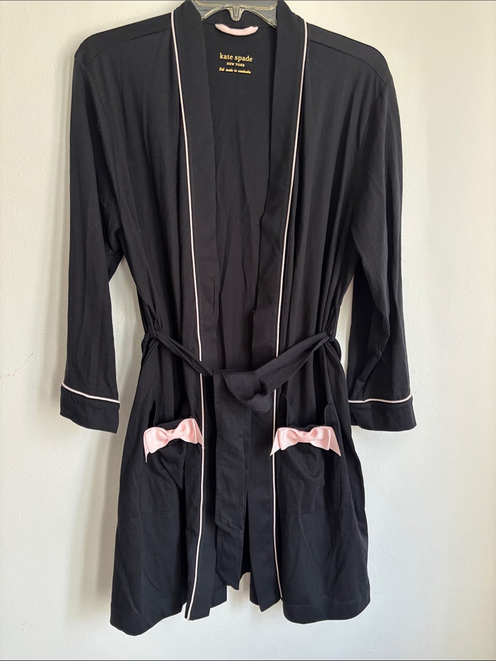 Chic kate spade Black Robe with Pink Trim & Pocket Bows 60% Cotton NEW L / XL